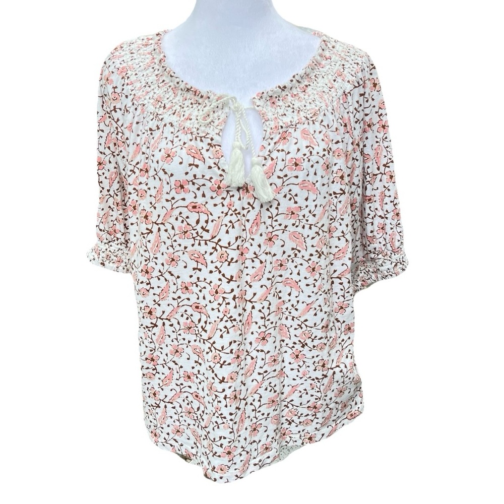 Lucky Brand Blouse Women Large Pink White Floral Keyhole Tassels‎ Tie Cotton Top